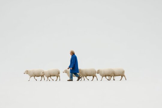Person in a blue coat herding sheep in a serene landscape conveys tranquility and connection to nature reflecting rural life and farming practices essential for agriculture. Generative AI