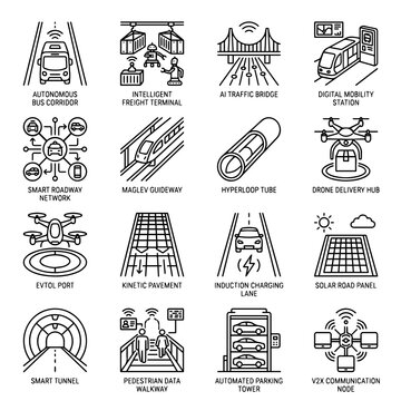 Sixteen line illustrating advanced transportation technologies, smart city infrastructure, autonomous systems, and future mobility solutions