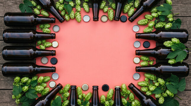 Flat lay frame of brown beer bottles and green hops on a pink background.