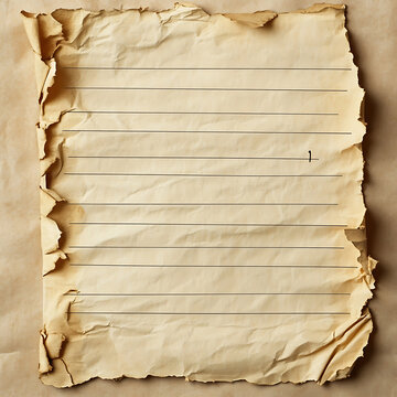 Aged lined paper with burned edges on a textured surface.