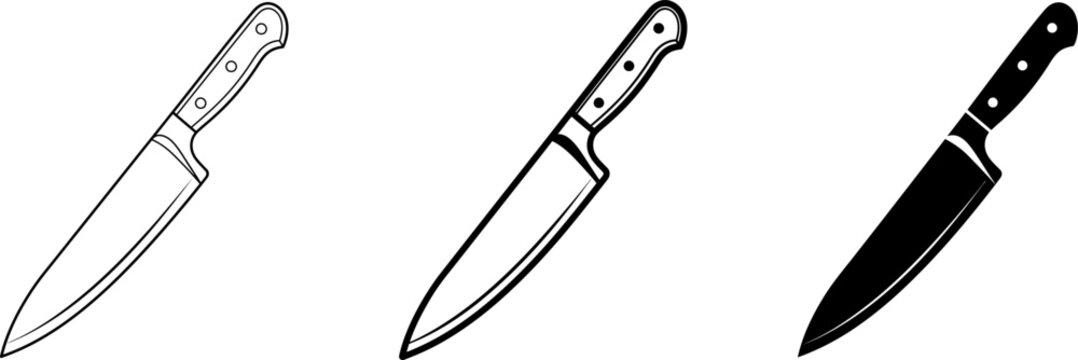 Set of three kitchen chef knife illustrations in different artistic styles including sketch outline and solid black silhouette