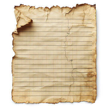 Weathered lined paper with torn edges, stains, and burnt details.