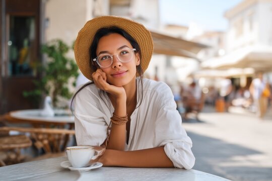 A young woman in a stylish hat enjoys her coffee at a vibrant street cafe exuding a relaxed and cheerful atmosphere in a beautiful setting. Generative AI