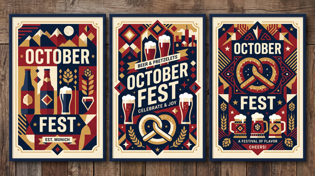 Three vintage style Oktoberfest posters with geometric designs beer mugs and pretzels.