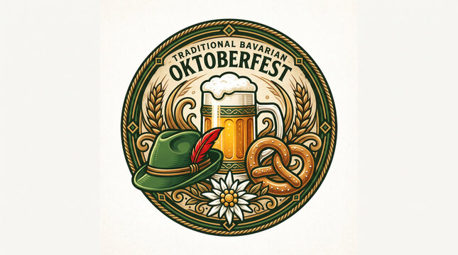 Traditional Oktoberfest circular emblem with beer mug, alpine hat, and edelweiss flower.