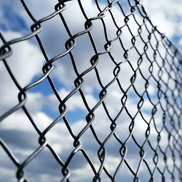 Closeup of a chain link fence against a cloudy sky.