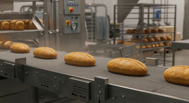 loaf bread moving on conveyor belt in bakery production line with industrial ovens