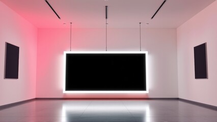 Fototapeta premium Minimalist gallery space. Black rectangle illuminated by bright white light. Pink lighting accents walls. Empty floor reflects illumination.