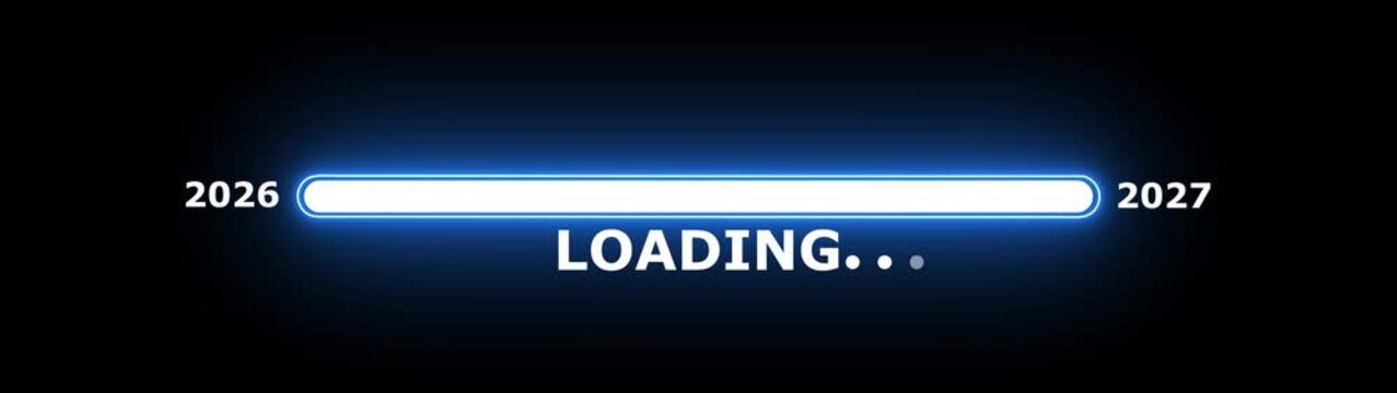 New year 2027 loading bar animation Year changing from 2026 to 2027. Loading bar from 2026 to 2027 new year transfer animation. Almost reaching New Year on black background.
