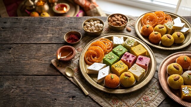 Assorted Indian sweets on brass plates for Diwali festival