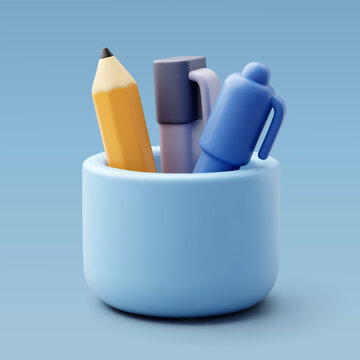 3D Vector Stationery holder containing a pencil and pens, Represents writing, Office supplies, Education, Creativity, Productivity and Workspace organization concept.