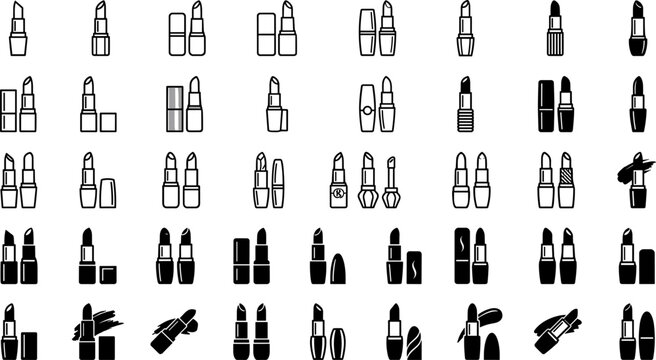 Lipstick and cosmetics line and silhouette icon set vector illustration featuring minimalist solid black and linear makeup tubes for beauty design
