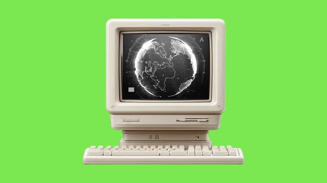 A classic retro computer with a cathode ray tube monitor displaying a futuristic digital global network, representing the evolution of vintage technology into the digital world
