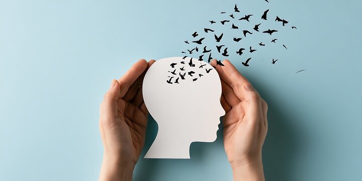 Release of anxiety and freedom of mind concept with flying birds leaving paper head silhouette, world mental health awareness