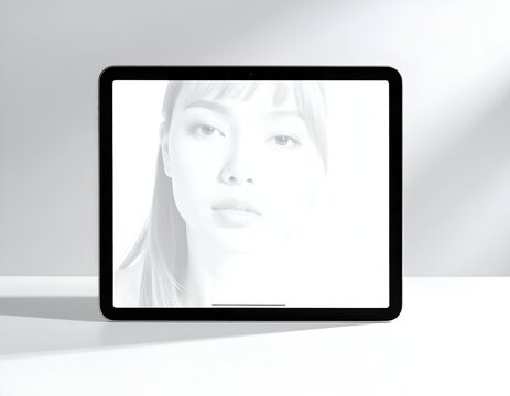 Tablet mockup featuring transparent female portrait on screen