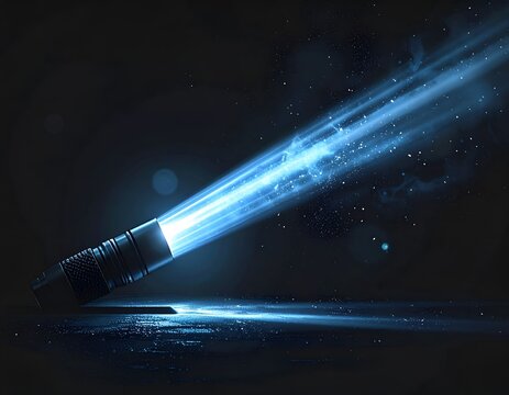 Tactical flashlight lying on ground with blue light beam