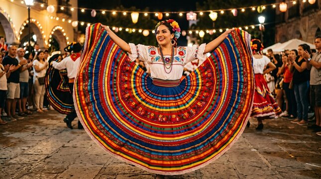 Mexican folklorico dancer performing in vibrant traditional dress at night street festival during Hispanic Heritage Month celebration.