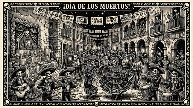 D&iacute;a de los Muertos celebration with skeleton mariachi musicians and dancing catrinas in a Mexican town street, vintage woodcut engraving illustration.