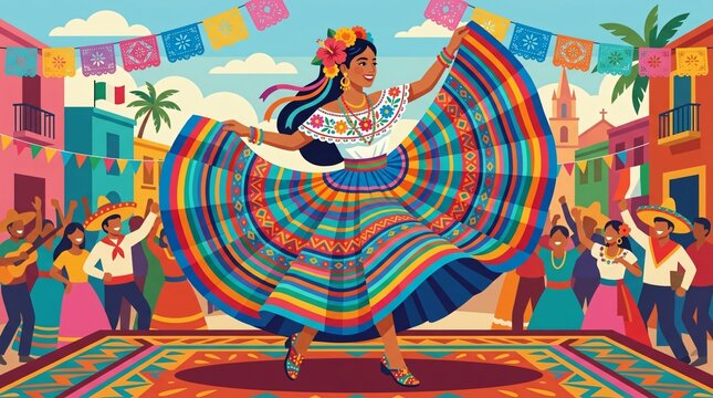 Mexican folklorico dancer performing in vibrant traditional dress at a festive street celebration for Hispanic Heritage Month.