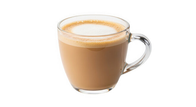 Glass cup of hot latte coffee with creamy milk foam isolated on transparent background