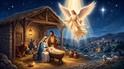 Fototapeta premium Nativity scene with baby Jesus, Mary, Joseph, angel, and animals