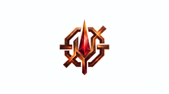 Metallic bronze and gold geometric frame featuring a glowing red ruby crystal spearhead, ideal for esports team logo, RPG game emblem, fantasy badge, and luxury gaming identity.