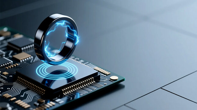 Detailed 3D render representing semiconductor industry growth showing glowing superconductor ring hovering over advanced microchip on dark circuit board