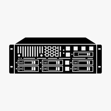 Creative Black and White of a Server Rack with Multiple Drive Bays and Network Ports with high quality professional line art symbols for modern creative design and digital branding projects