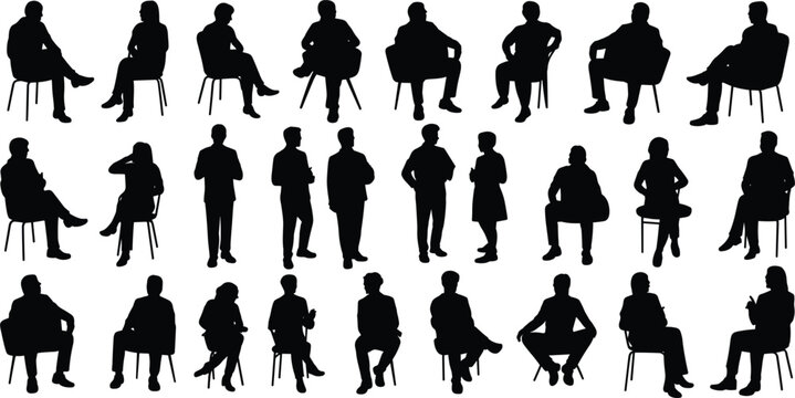Large collection of black silhouettes of people sitting in chairs and standing, isolated on a white background, representing a diverse group in a business or social meeting setting