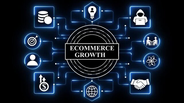4K seamless loop animation of an ecommerce growth dashboard, featuring intelligent s metrics, market expansion tracking, and high-tech digital retail data visualization on a dark blue background.