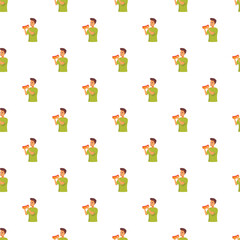 Fototapeta premium Man eating fast food hot dog in a seamless pattern on white background
