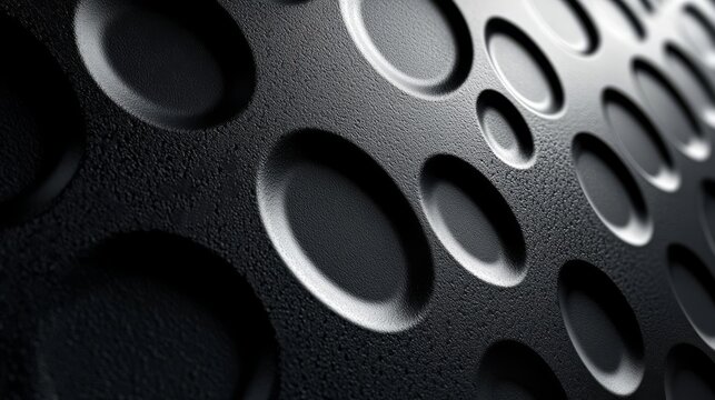 This is a close-up shot of a matte black textured surface, arranged with evenly spaced recessed oval/round concave elements, creating a distinct 3D perforated geometric texture with soft highlights 