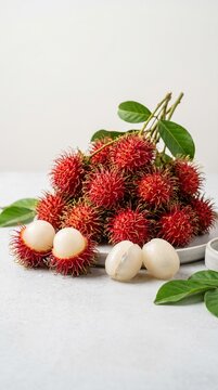 Fresh ripe rambutan fruits with red hairy skin