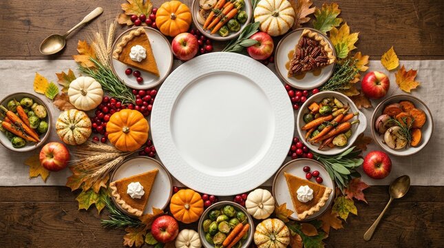 Top view flatlay of autumn foods and pies around empty white ceramic copy space plate