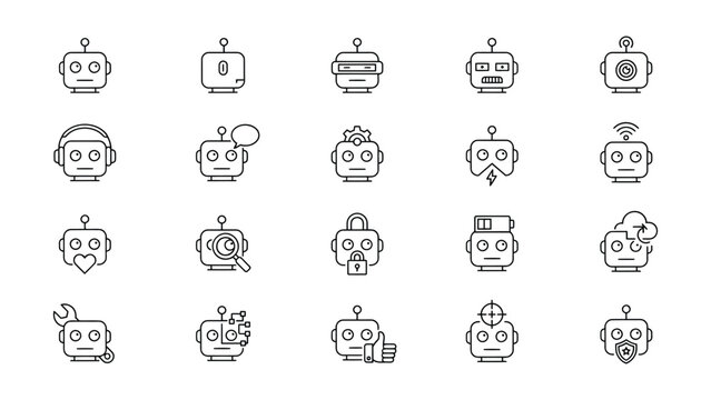 Collection of various robot icons with different expressions and accessories on transparent background