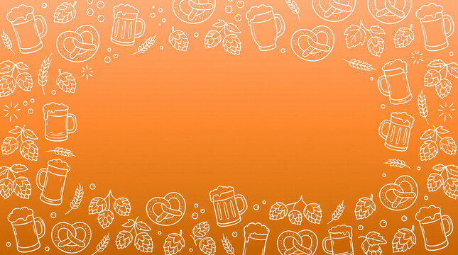 Orange background with white line art icons of beer mugs, pretzels, and hops.