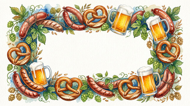 Watercolor Oktoberfest frame with beer, pretzels, and sausages.