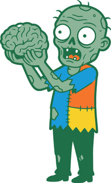 Zombie Character Holding a Brain, Cartoon Style Vector Illustration. Halloween Concept Design