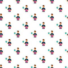 Fototapeta premium Smiling man finding a surprise inside an open present, creating a seamless holiday pattern