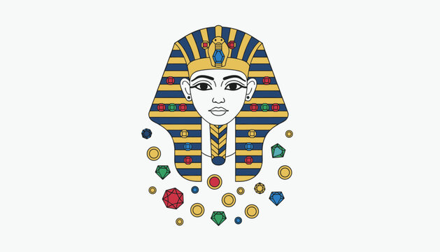 Gold pharaoh mask of King Tutankhamun surrounded by colorful precious gemstones and gold coins on white background.