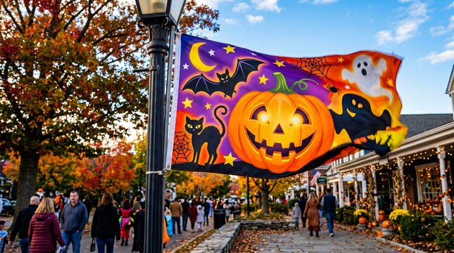 Colorful Halloween flag with pumpkin and ghosts on a lamppost during an autumn street festival with crowds.