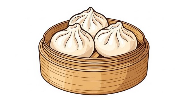 Food - Xiaolongbao Steamed Soup Dumplings in Bamboo Steamer Basket Cartoon Illustration Vector Art