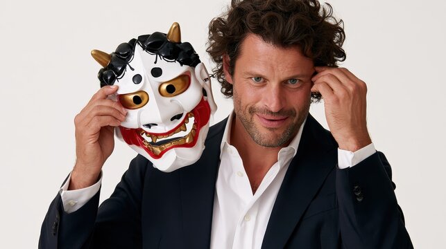 Man holding a traditional mask in front of his face.