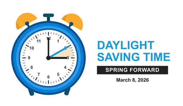 Daylight Saving Time Spring Forward Concept with Alarm Clock and Time Change Typography Design for Seasonal Adjustment Editable EPS Vector Illustration
