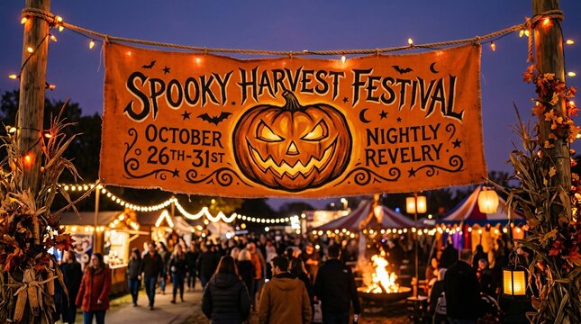 Spooky Harvest Festival banner hanging over crowded autumn night market, glowing pumpkin sign, festive Halloween carnival lights, cozy bonfire.