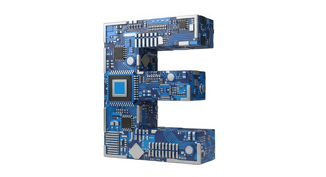 Letter E shape made of blue computer circuit board components isolated on transparent background