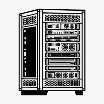 Creative Black and White of an Open Server Rack with Multiple Networking Devices and Fans with high quality professional line art symbols for modern creative design and digital branding projects