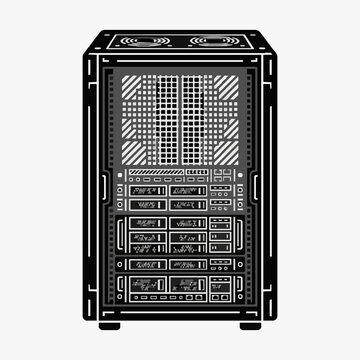 Creative Black and White of an Open Server Rack with Detailed Circuit Board Components with high quality professional line art symbols for modern creative design and digital branding projects