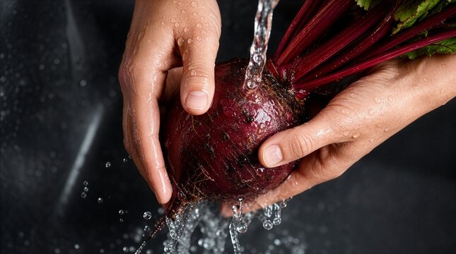 Hands washing a fresh red beetroot under running water