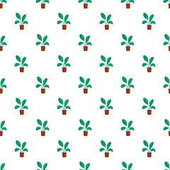 Fototapeta premium Green plant in a brown pot forming a seamless tropical illustration pattern